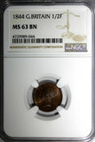 Great Britain Victoria 1844 1/2 Farthing NGC MS63 BN  Brown Toning KM# 738