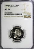 Greece Aristotle 1992 5 Drachmes NGC MS67 TOP GRADED KM# 131 (042)