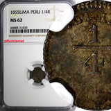 Peru Silver 1855 1/4 Real Lima Mint  NGC MS62  Llama KM# 143.1 (043)