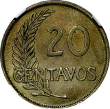 Peru Copper-Nickel 1941 20 Centavos NGC AU55 BETTER DATE KM# 215.2