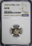 PERU Silver 1910-FG 1/2 Dinero NGC AU58 NICE TONING Mintage-640,000 KM# 206.2(7)
