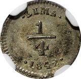 PERU Silver 1842 LIMA 1/4 Real NGC MS63 Light Toned TOP GRADED KM# 143.1 (007)