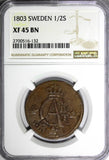 SWEDEN Copper 1803 1/2 Skilling OVERSTRUCK 1 ORE S.M. 1763 NGC XF45 BN KM565/132