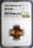Great Britain George VI Bronze 1943 Farthing NGC MS63 RB KM# 843