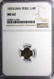 Peru Silver 1855 1/4 Real Lima Mint  NGC MS62  Llama KM# 143.1 (043)
