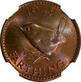 Great Britain George VI Bronze 1943 Farthing NGC MS64 RB KM# 843