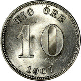 Sweden Oscar II Silver 1907 EB 10 Ore 1 Year Type UNC KM# 774