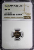 PERU Silver 1842 LIMA 1/4 Real NGC MS63 RAINBOW TONED TOP GRADED KM#143.1 (005)