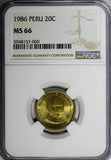 Peru 1986 20 Centimos General MIGUEL GRAU NGC MS66 TOP GRADED BY NGC KM# 294(0)