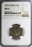 Peru Silver 1874 YJ 1/5 Sol  NGC MS61 Toning KM# 191 (040)