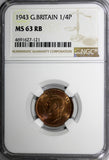 Great Britain George VI Bronze 1943 Farthing NGC MS63 RB KM# 843