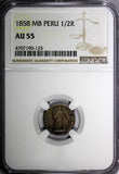 PERU Silver 1/2 Real 1858 MB LIMA NGC AU55 Nice Toning KM# 177