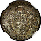 PERU Silver 1911 FG-R 1/5 Sol Mintage-250,000 NGC AU DETAILS Toned KM# 205.2(39)