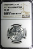 Germany,Weimar Republic 1922 A 3 Mark NGC MS63 LEGEND AROUND EAGLE KM# 29