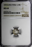 PERU Silver 1855 LIMA 1/4 Real NGC MS64 Light Toned  KM# 143.1
