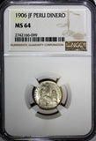 Peru Silver 1906 JF 1 Dinero NGC MS64 Mintage-826,000 Seated Liberty KM#204.2(9)