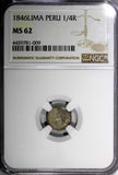 PERU Silver 1846 LIMA 1/4 Real NGC MS62 Light Toned  KM# 143.1 (009)