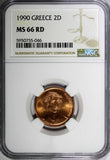 Greece Copper 1990 2 Drachmes NGC MS66 RD 1 GRADED HIGHEST BY NGC KM# 151 (46)