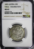 Austrian States TYROL Silver 1809 20 Kreuzer NGC MS63 TOP GRADED BY NGC  KM# 149