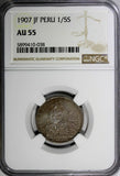 PERU Silver 1907 JF 1/5 Sol NGC AU55 Toned KM# 205.2 (038)