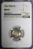 Peru 1941 5 Centavos NGC MS63 LAST YEAR TOP GRADED BY NGC KM# 213.2 (231)