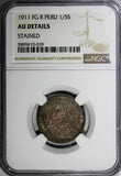 PERU Silver 1911 FG-R 1/5 Sol Mintage-250,000 NGC AU DETAILS Toned KM# 205.2(39)