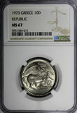 Greece Copper-Nickel 1973 10 Drachmai NGC MS67 BU GEM COIN KM# 110 (11)