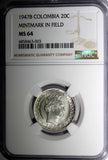 Colombia SILVER 1947/5 B 20 Centavos NGC MS64 TOP GRADED BY NGC ! KM# 208.1 (3)