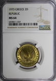 Greece 1973 2 Drachmai NGC MS 64 Owl 1 YEAR TYPE GEM BU KM# 108 (037)