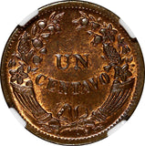 PERU Bronze 1942 1 Centavo "Curved legend " NGC MS64 BN Thin planchet.KM# 211a