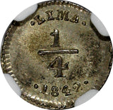 PERU Silver 1842 LIMA 1/4 Real NGC MS63 Light Toned TOP GRADED BY NGC KM# 143.1