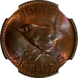 Great Britain George VI Bronze 1943 Farthing NGC MS63 RB KM# 843