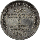 POLAND RUSSIA Nicholas I Silver 1840 HG 1 Zloty 15 Kopecks  C# 129