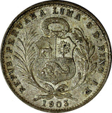 PERU Silver 1903 JF 1/5 Sol  Nice Toned aUNC Mintage-702,000 KM# 205.2 (13 633)