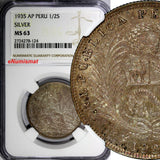 PERU LIMA Silver 1935 AP 1/2 Sol NGC MS63 LAST YEAR TYPE NICE TONING KM#216(124)