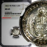 Peru Silver 1863 YB 1/2 Dinero NGC MS65 GEM BU KM# 189