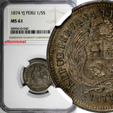 Peru Silver 1874 YJ 1/5 Sol  NGC MS61 Toning KM# 191 (040)
