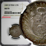 PERU Silver 1907 JF 1/5 Sol NGC AU55 Toned KM# 205.2 (038)