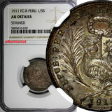 PERU Silver 1911 FG-R 1/5 Sol Mintage-250,000 NGC AU DETAILS Toned KM# 205.2(39)