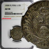 PERU Silver 1908 FG 1/5 Sol NGC AU58  Toned KM# 205.2 (043)