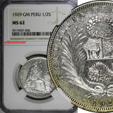 PERU Silver 1929 LIMA GM 1/2 Sol NGC MS62 30mm Mint Luster KM# 216 (006)