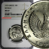 Greece Copper-Nickel 1973 10 Drachmai NGC MS67 BU GEM COIN KM# 110 (012)