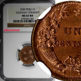 Peru Bronze 1939 1 Centavo Straight NGC MS63 RB KM# 208.2 Thick planchet RED!