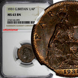 Great Britain George V Bronze 1931 Farthing NGC MS63 BN S-4061 KM# 825