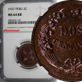 Peru 1937 2 Centavos NGC MS64 RB Nice Toning Low Mintage-963,000 KM# 212.1