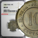 Peru Provisional Coinage Copper-Nickel 1880 10 Centavos NGC MS64 KM# 198