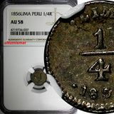 Peru Silver 1856 1/4 Real Lima Mint NGC AU58 Light Toned  KM# 143.1