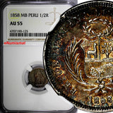 PERU Silver 1/2 Real 1858 MB LIMA NGC AU55 Nice Toning KM# 177