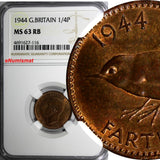 Great Britain George VI Bronze 1944 Farthing NGC MS63 RB  KM# 843
