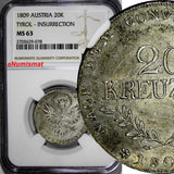 Austrian States TYROL Silver 1809 20 Kreuzer NGC MS63 TOP GRADED BY NGC  KM# 149